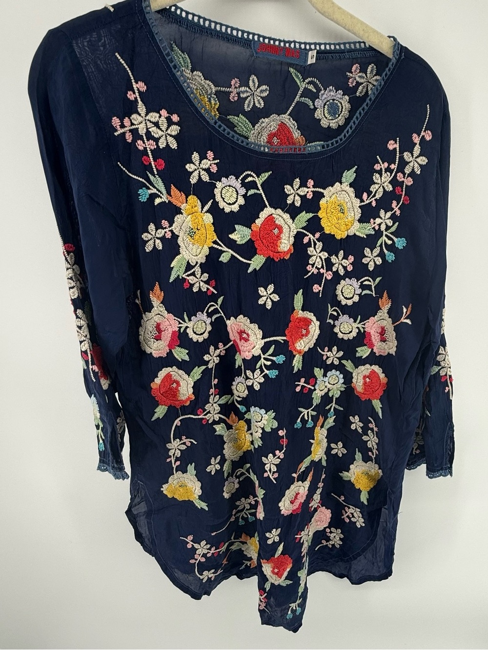 Johnny Was Navy Playa Embroidered Georgette Floral Boho‎ Tunic Top S